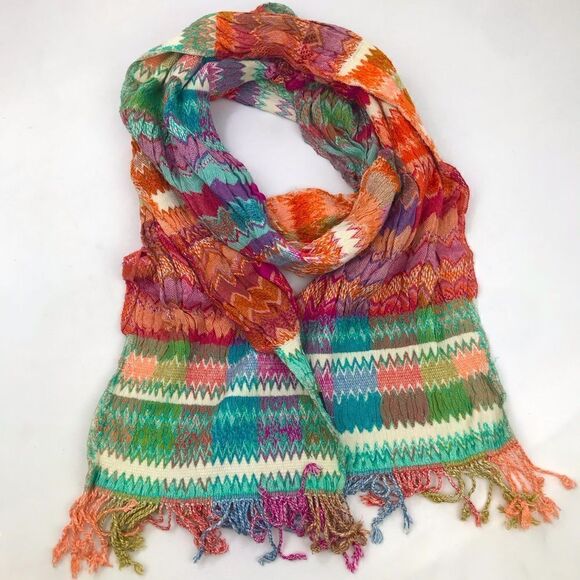 Tolani Multicolored Stripe ZigZag Pattern Ruched Fringe Scarf - Picture 7 of 12